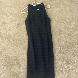 Banana republic form fitting dress, navy and green plaid, just below knee